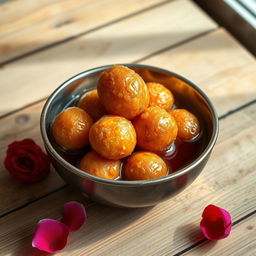 A realistic image of a bowl filled with Gulab Jamun, a popular Indian dessert made of deep-fried dough balls soaked in sweet syrup