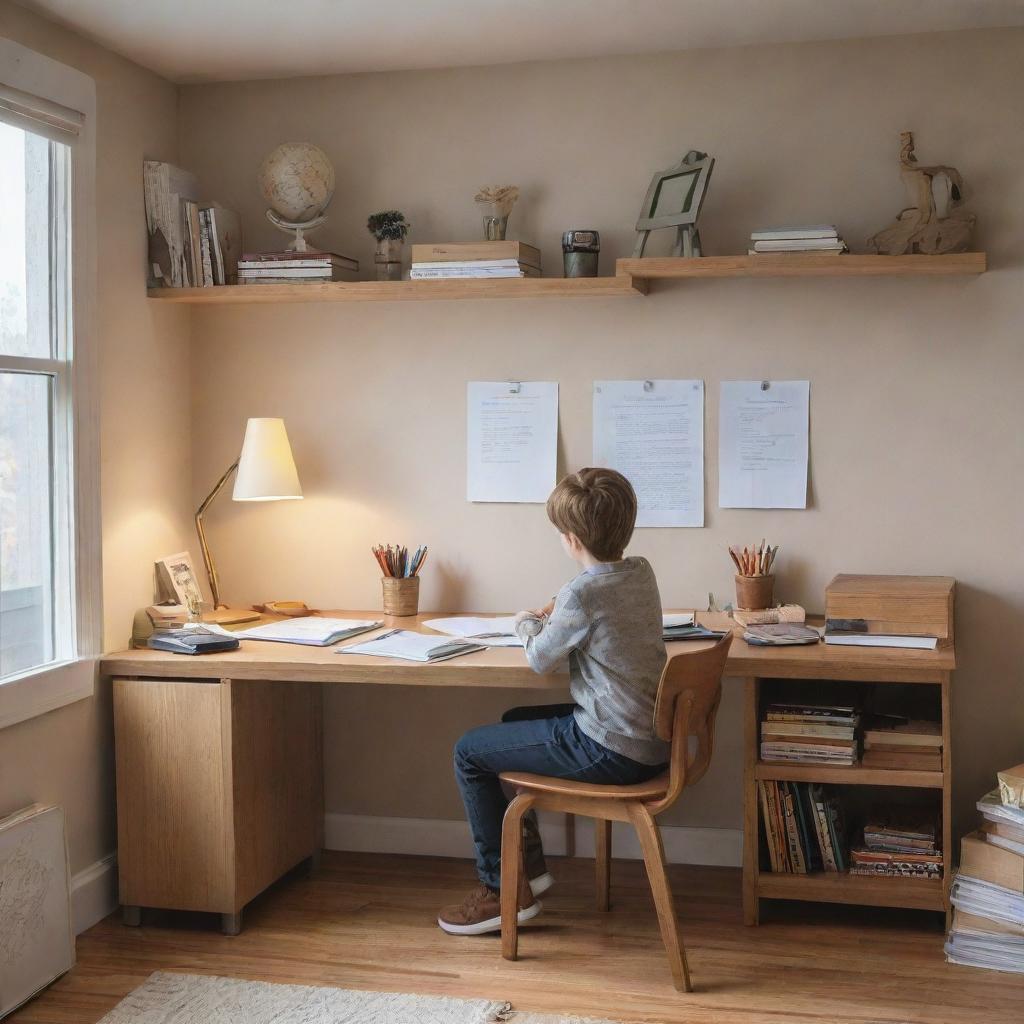 Inside the modern two story house, a young child is sitting at a tidy desk, deeply engrossed in studying, surrounded by a warm and cozy decor.