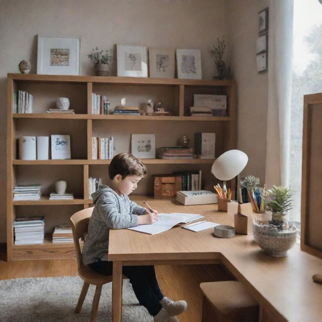 Inside the modern two story house, a young child is sitting at a tidy desk, deeply engrossed in studying, surrounded by a warm and cozy decor.