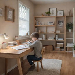 Inside the modern two story house, a young child is sitting at a tidy desk, deeply engrossed in studying, surrounded by a warm and cozy decor.