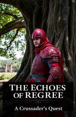 A lone red knight, adorned in intricate crimson armor, leaning against a massive, ancient oak tree in a serene forest setting