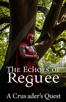 A lone red knight, adorned in intricate crimson armor, leaning against a massive, ancient oak tree in a serene forest setting
