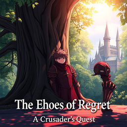 An anime-style illustration of a lone red knight, adorned in intricate crimson armor, leaning against a massive, ancient oak tree in a serene forest setting