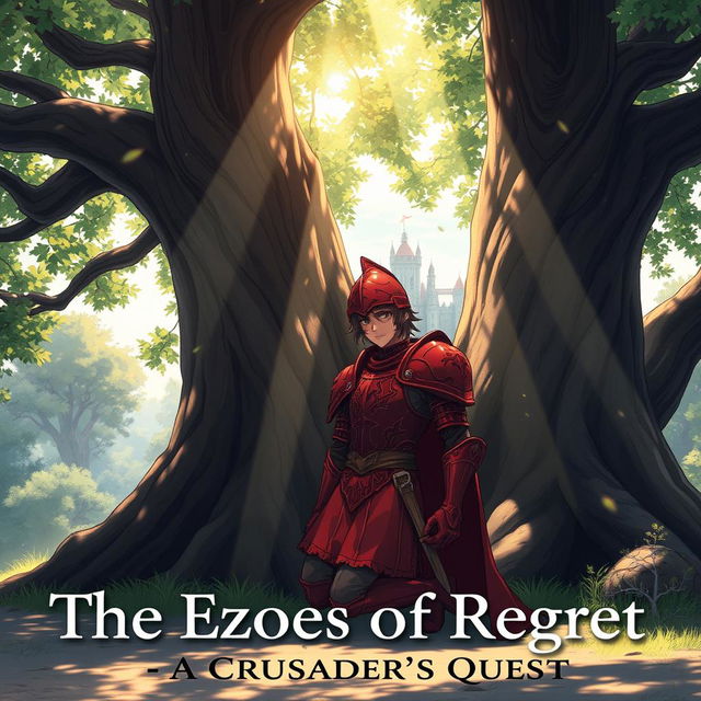 An anime-style illustration of a lone red knight, adorned in intricate crimson armor, leaning against a massive, ancient oak tree in a serene forest setting