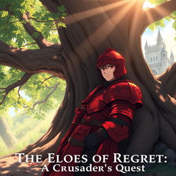 An anime-style illustration of a lone red knight, adorned in intricate crimson armor, leaning against a massive, ancient oak tree in a serene forest setting