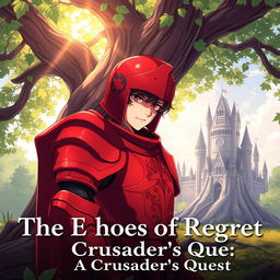 An anime-style illustration of a lone red knight, adorned in intricate crimson armor, leaning against a massive, ancient oak tree in a serene forest setting