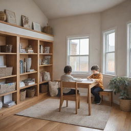 Inside the modern two story house, a young child is sitting at a tidy desk, deeply engrossed in studying, surrounded by a warm and cozy decor.