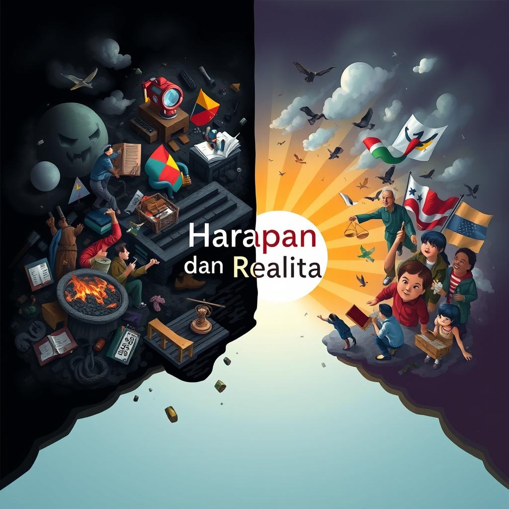 An artistic representation of "Harapan dan Realita," illustrating two sides of life