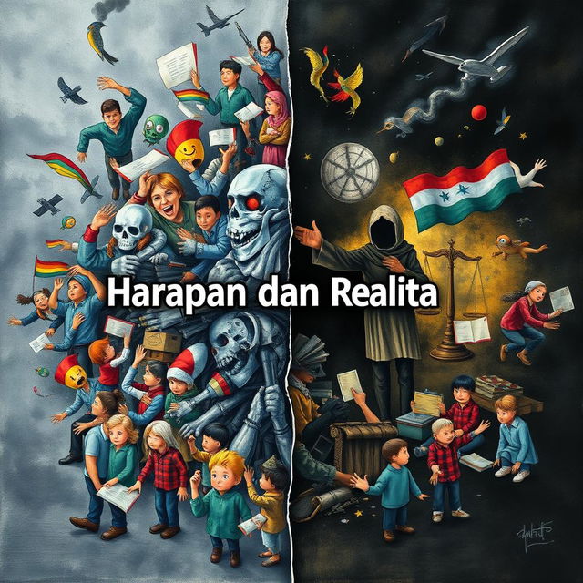 An artistic representation of "Harapan dan Realita," illustrating two sides of life