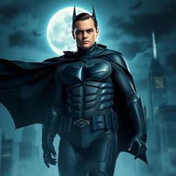 An imaginative reinterpretation of Batman as Leonardo DiCaprio, featuring a striking visual of a tall, charismatic man dressed in a sleek, modern version of the traditional Batman suit