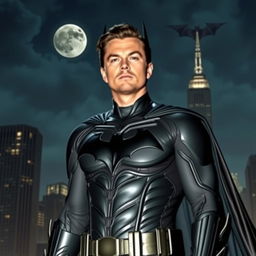 An imaginative reinterpretation of Batman as Leonardo DiCaprio, featuring a striking visual of a tall, charismatic man dressed in a sleek, modern version of the traditional Batman suit