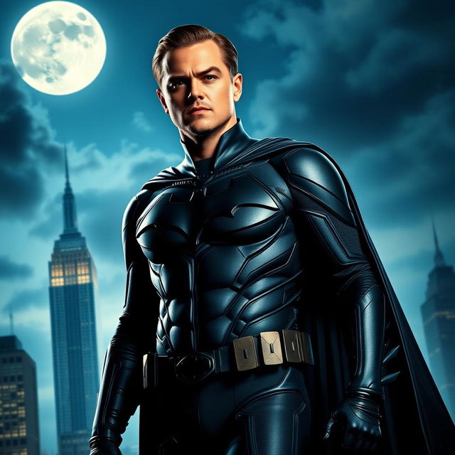 An imaginative reinterpretation of Batman as Leonardo DiCaprio, featuring a striking visual of a tall, charismatic man dressed in a sleek, modern version of the traditional Batman suit