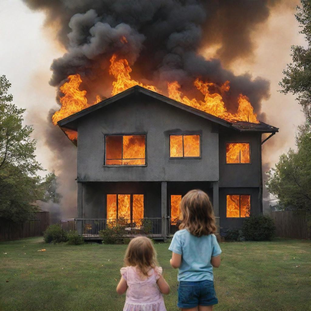 Suddenly, the modern two-story house is engulfed in bright, furious flames as smoke billows up into the sky. The child studying is safely outside, watching the scene from a distance.