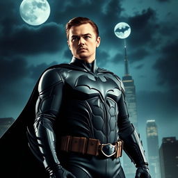 An imaginative reinterpretation of Batman as Leonardo DiCaprio, featuring a striking visual of a tall, charismatic man dressed in a sleek, modern version of the traditional Batman suit