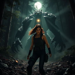 An intense and action-packed scene from 'Prey 2 (2024)', featuring Amber Midthunder as a fierce heroine facing off against a gigantic monster