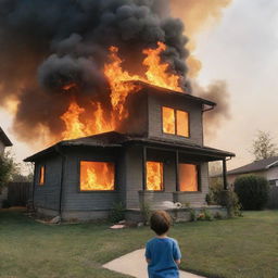 Suddenly, the modern two-story house is engulfed in bright, furious flames as smoke billows up into the sky. The child studying is safely outside, watching the scene from a distance.