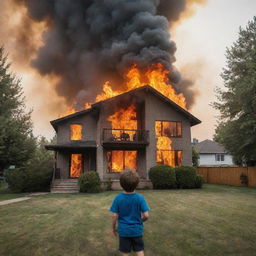 Suddenly, the modern two-story house is engulfed in bright, furious flames as smoke billows up into the sky. The child studying is safely outside, watching the scene from a distance.