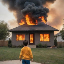 Suddenly, the modern two-story house is engulfed in bright, furious flames as smoke billows up into the sky. The child studying is safely outside, watching the scene from a distance.