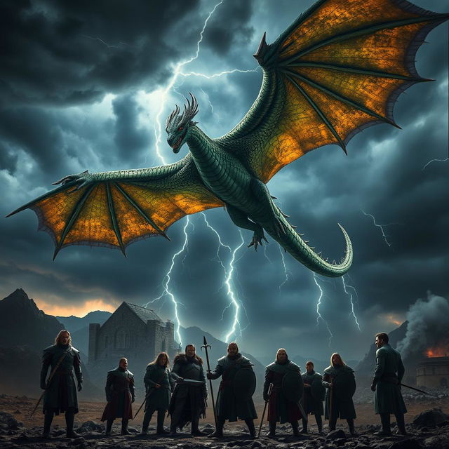 A dramatic scene from the 'Azrael' trailer (2024), featuring an immense, fearsome dragon soaring through a dark, stormy sky