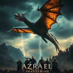 A dramatic scene from the 'Azrael' trailer (2024), featuring an immense, fearsome dragon soaring through a dark, stormy sky
