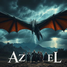 A dramatic scene from the 'Azrael' trailer (2024), featuring an immense, fearsome dragon soaring through a dark, stormy sky