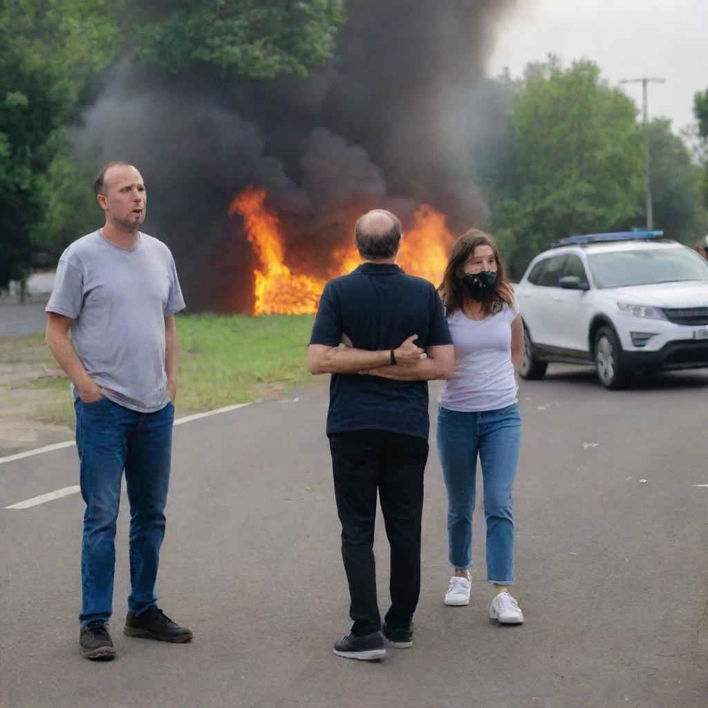 Returning home, the parents are shown with shocked expressions as they bear witness to the fiery scene from a safe distance, their child next to them sharing the safe distance.