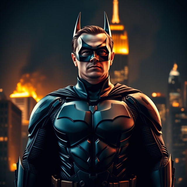 Leonardo DiCaprio dressed as Batman, without the mask, confidently standing in the foreground