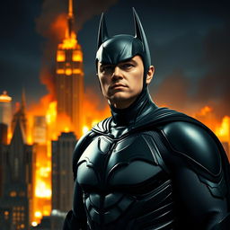 Leonardo DiCaprio dressed as Batman, without the mask, confidently standing in the foreground