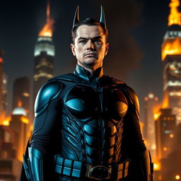 Leonardo DiCaprio dressed as Batman, without the mask, confidently standing in the foreground