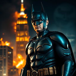 Leonardo DiCaprio dressed as Batman, without the mask, confidently standing in the foreground