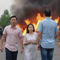 Returning home, the parents are shown with shocked expressions as they bear witness to the fiery scene from a safe distance, their child next to them sharing the safe distance.