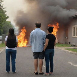 Returning home, the parents are shown with shocked expressions as they bear witness to the fiery scene from a safe distance, their child next to them sharing the safe distance.