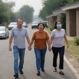 Returning home, the parents are shown with shocked expressions as they bear witness to the fiery scene from a safe distance, their child next to them sharing the safe distance.