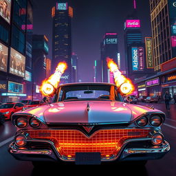 A striking 1958 Plymouth Fury with dual flamethrowers creatively installed on the hood, set against a vibrant cyberpunk cityscape
