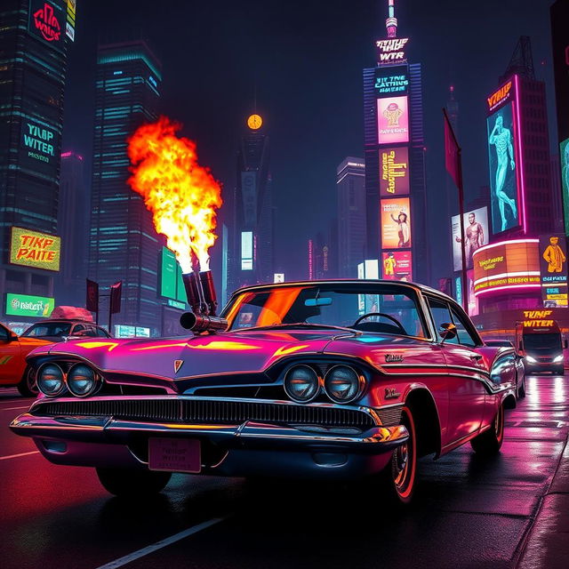 A striking 1958 Plymouth Fury with dual flamethrowers creatively installed on the hood, set against a vibrant cyberpunk cityscape