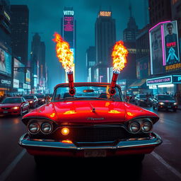 A striking 1958 Plymouth Fury with dual flamethrowers creatively installed on the hood, set against a vibrant cyberpunk cityscape