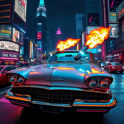 A striking 1958 Plymouth Fury with dual flamethrowers creatively installed on the hood, set against a vibrant cyberpunk cityscape