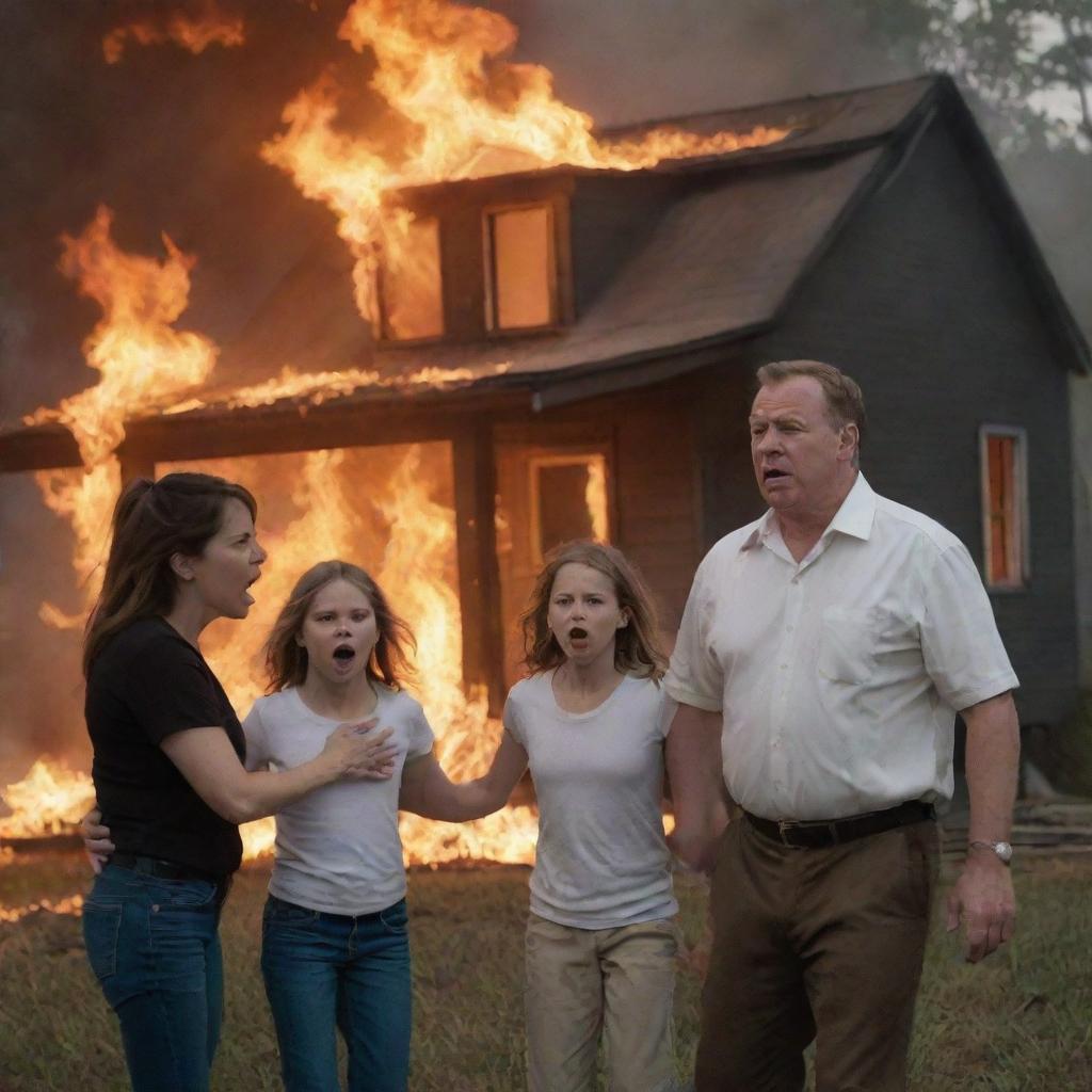 On the safe ground, panic is shown on the parents' faces as they reprimand their child, while the flaming house serves as an intense background.