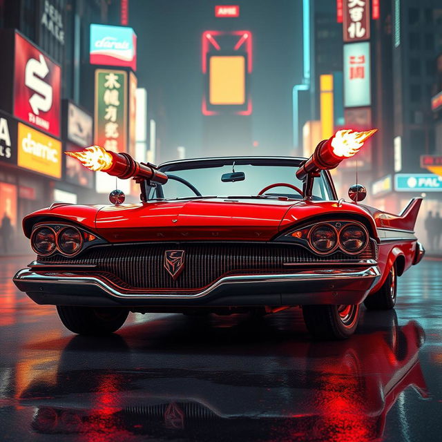 A striking red and white 1958 Plymouth Fury, featuring a sleek design and dual flamethrowers mounted on the hood, depicted in a vibrant cyberpunk art style