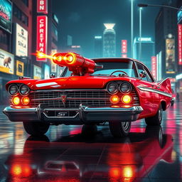 A striking red and white 1958 Plymouth Fury, featuring a sleek design and dual flamethrowers mounted on the hood, depicted in a vibrant cyberpunk art style