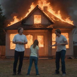 On the safe ground, panic is shown on the parents' faces as they reprimand their child, while the flaming house serves as an intense background.