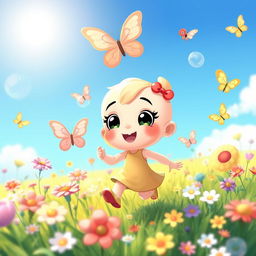 A whimsical and playful scene featuring a cute character with an innocent expression, surrounded by colorful flowers and butterflies in a bright and sunny meadow