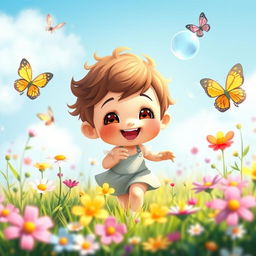A whimsical and playful scene featuring a cute character with an innocent expression, surrounded by colorful flowers and butterflies in a bright and sunny meadow