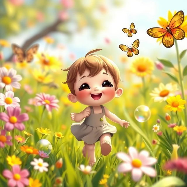 A whimsical and playful scene featuring a cute character with an innocent expression, surrounded by colorful flowers and butterflies in a bright and sunny meadow