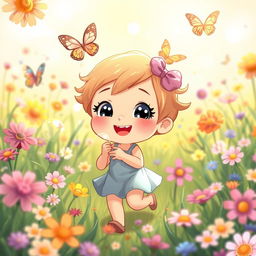 A whimsical and playful scene featuring a cute character with an innocent expression, surrounded by colorful flowers and butterflies in a bright and sunny meadow