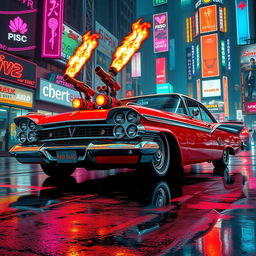 A striking red and white 1958 Plymouth Fury with sleek lines and a polished finish, featuring dual mini flamethrowers mounted on the hood, glowing with fiery orange flames