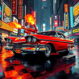 A striking red and white 1958 Plymouth Fury with sleek lines and a polished finish, featuring dual mini flamethrowers mounted on the hood, glowing with fiery orange flames