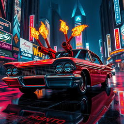 A striking red and white 1958 Plymouth Fury with sleek lines and a polished finish, featuring dual mini flamethrowers mounted on the hood, glowing with fiery orange flames