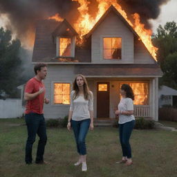 On the safe ground, panic is shown on the parents' faces as they reprimand their child, while the flaming house serves as an intense background.