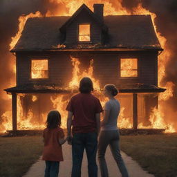 On the safe ground, panic is shown on the parents' faces as they reprimand their child, while the flaming house serves as an intense background.